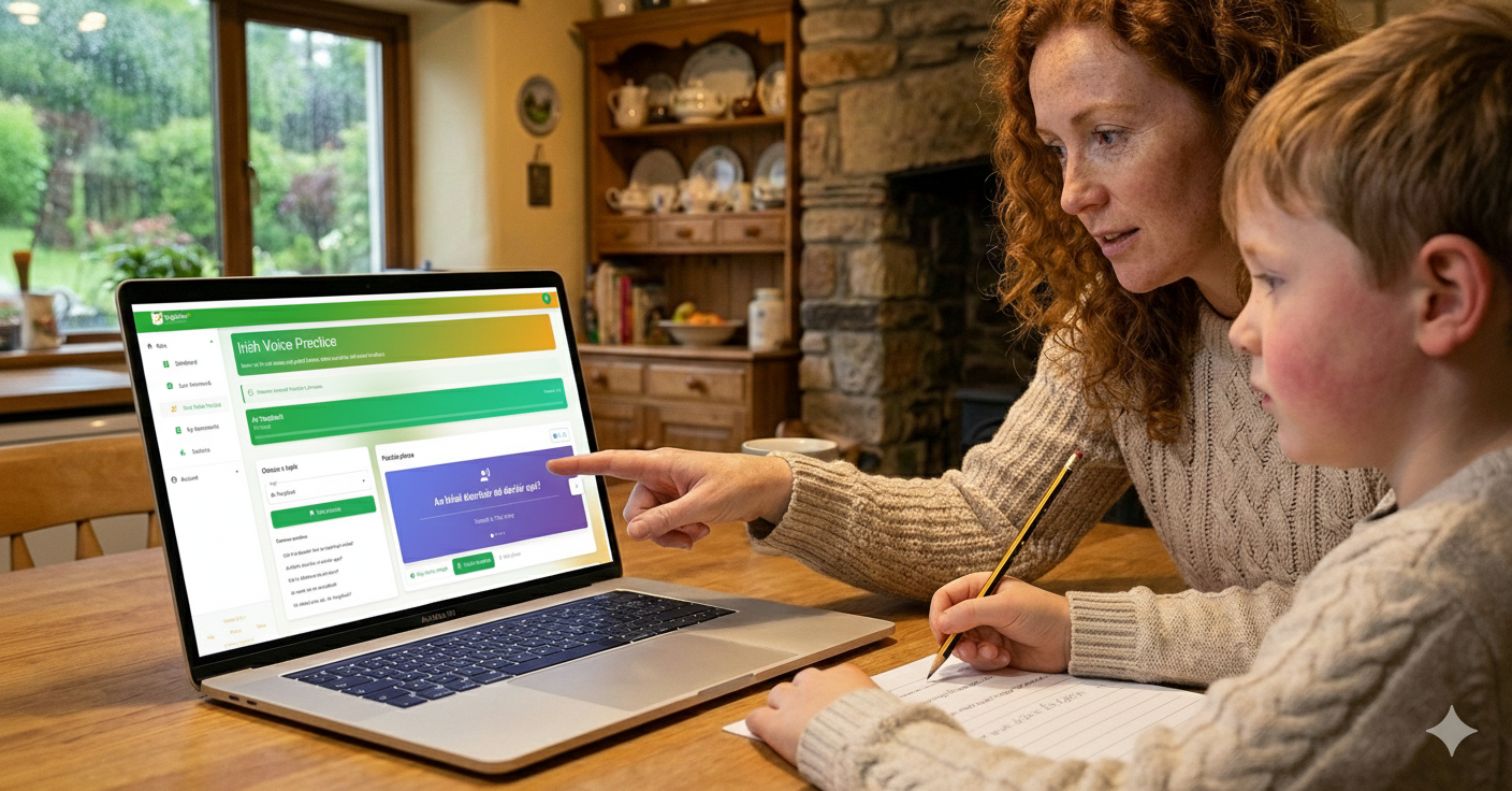Foghlaim AI interface showing step-by-step Gaeilge homework help